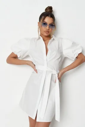 Puff Sleeved Button Open Front White Shirt Dress