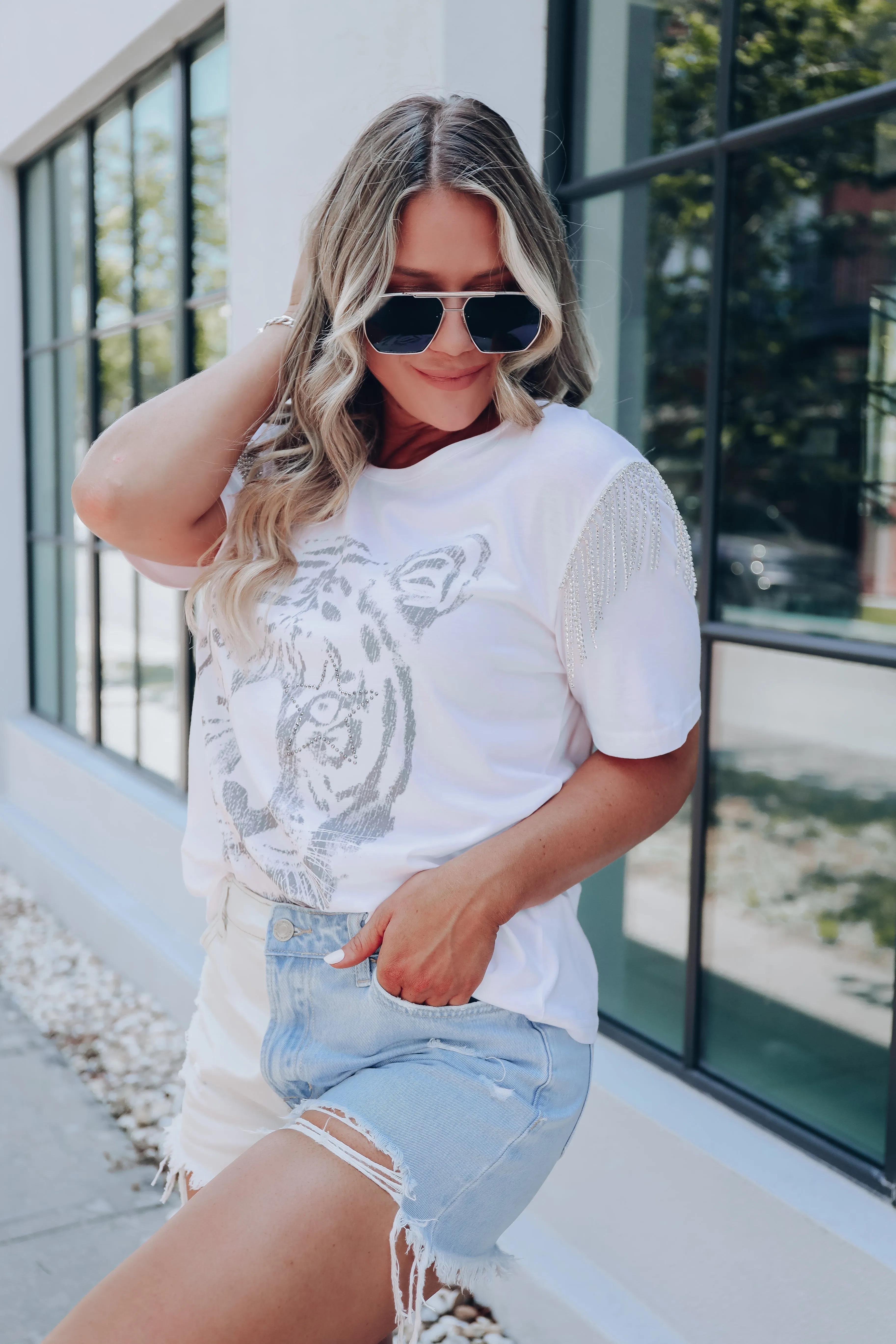 Rhinestone Fringe Tiger Graphic Tee - White