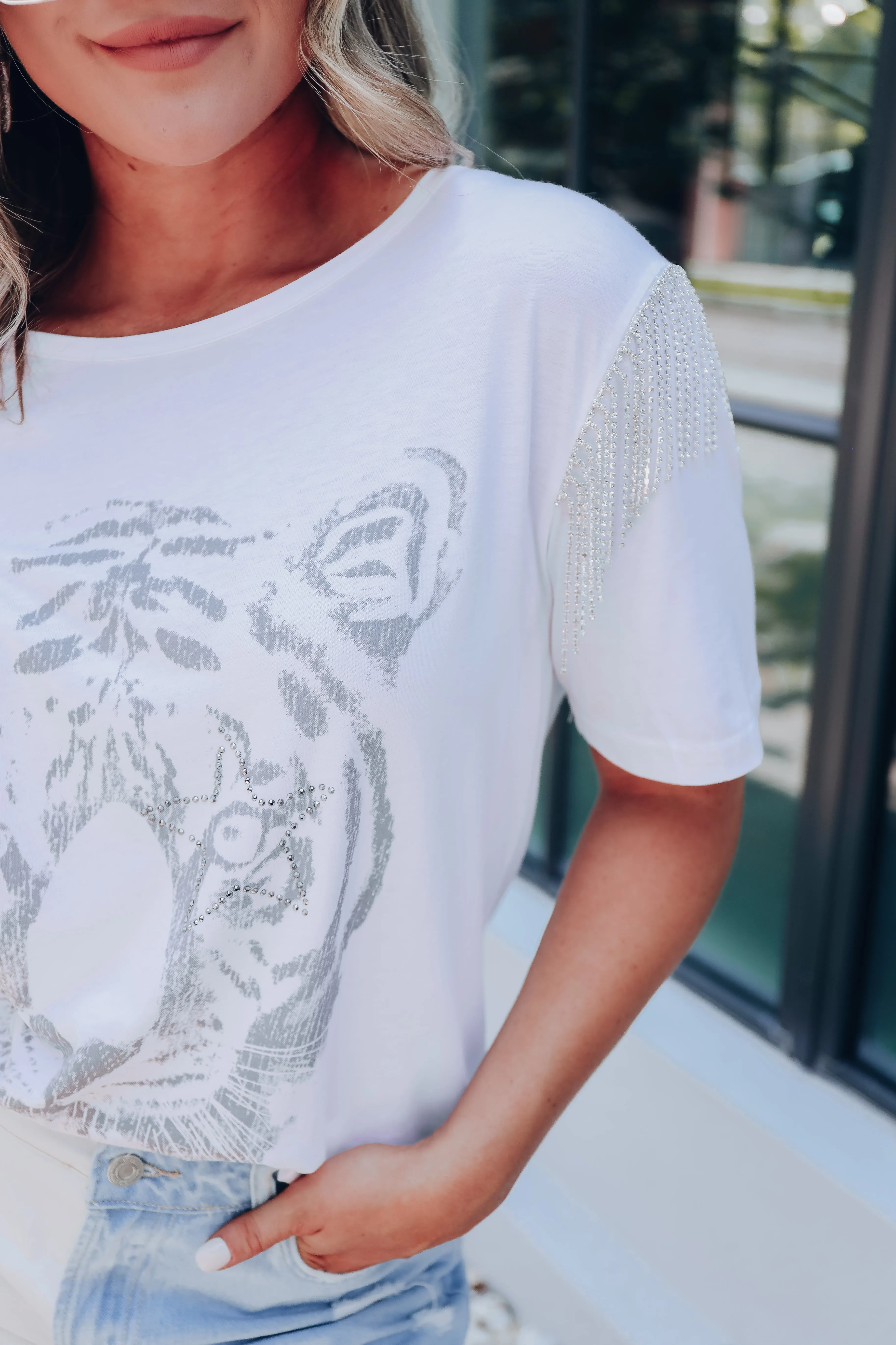 Rhinestone Fringe Tiger Graphic Tee - White