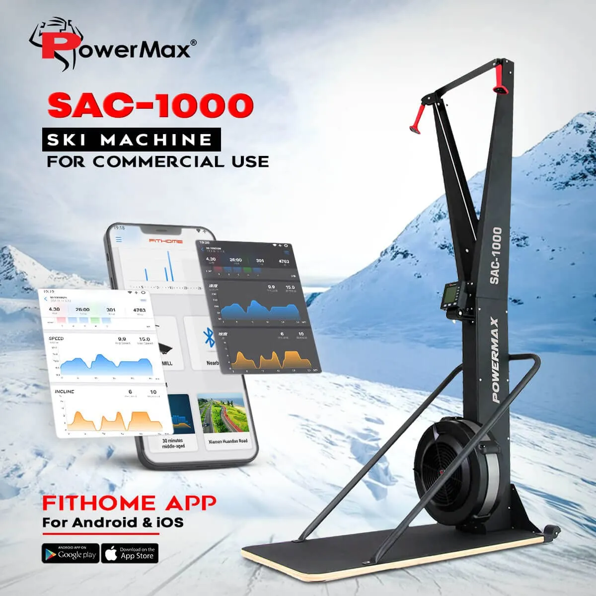 SAC-1000 Exercise SKI Machine for Commercial Gym with Floor Stand | Max User Weight-150kg | LCD Display | 10 Level Resistance and Bluetooth Application for Android & iOS