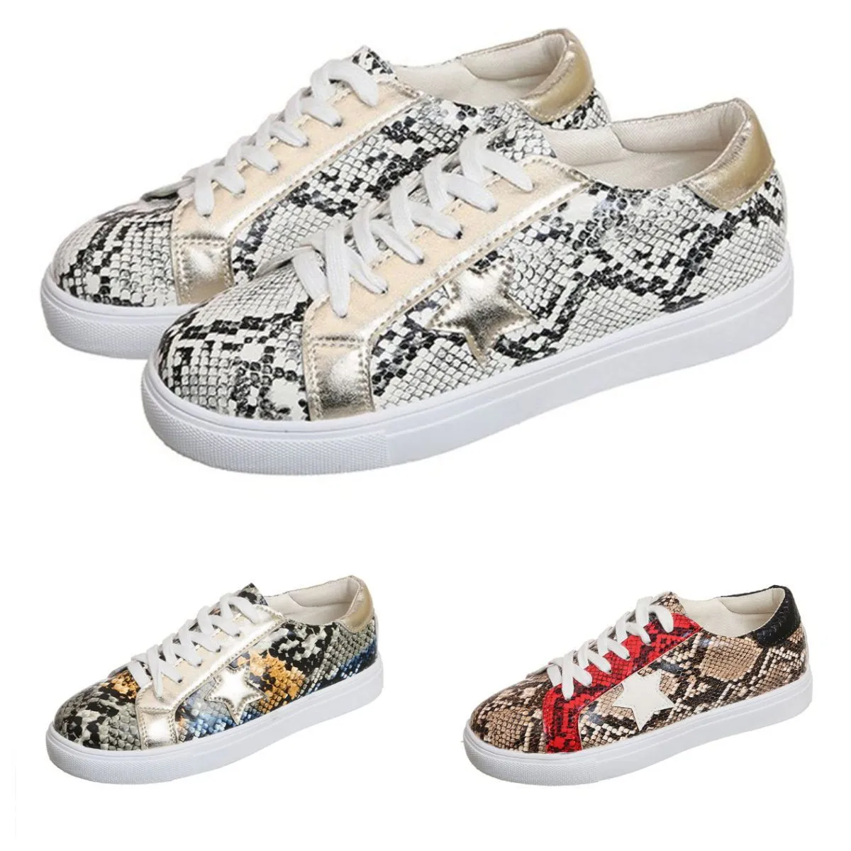 Snakeskin Star Design Lace-Up Sneakers