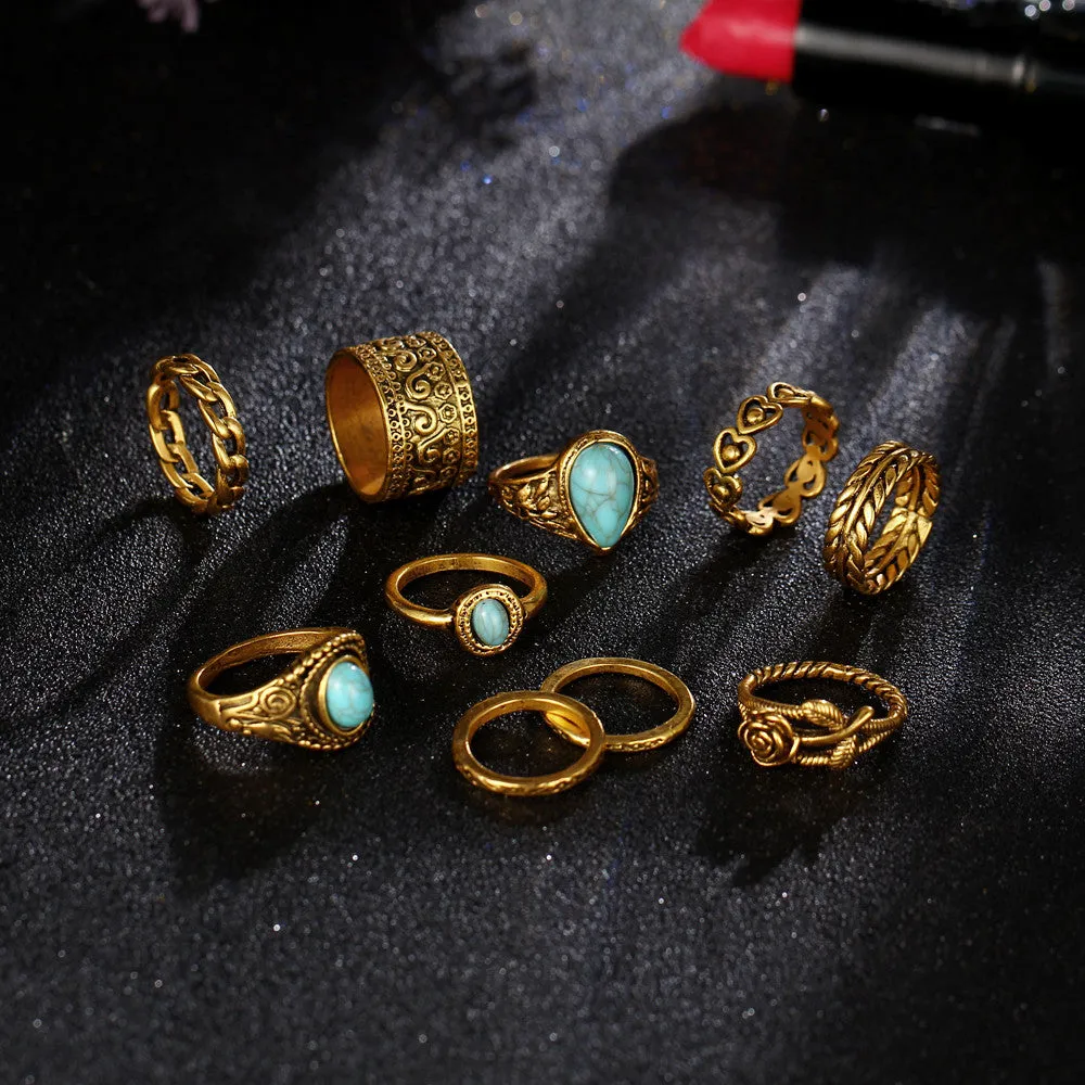 TIBETAN VINTAGE INSPIRED 10 PCS RING SET - GOLD