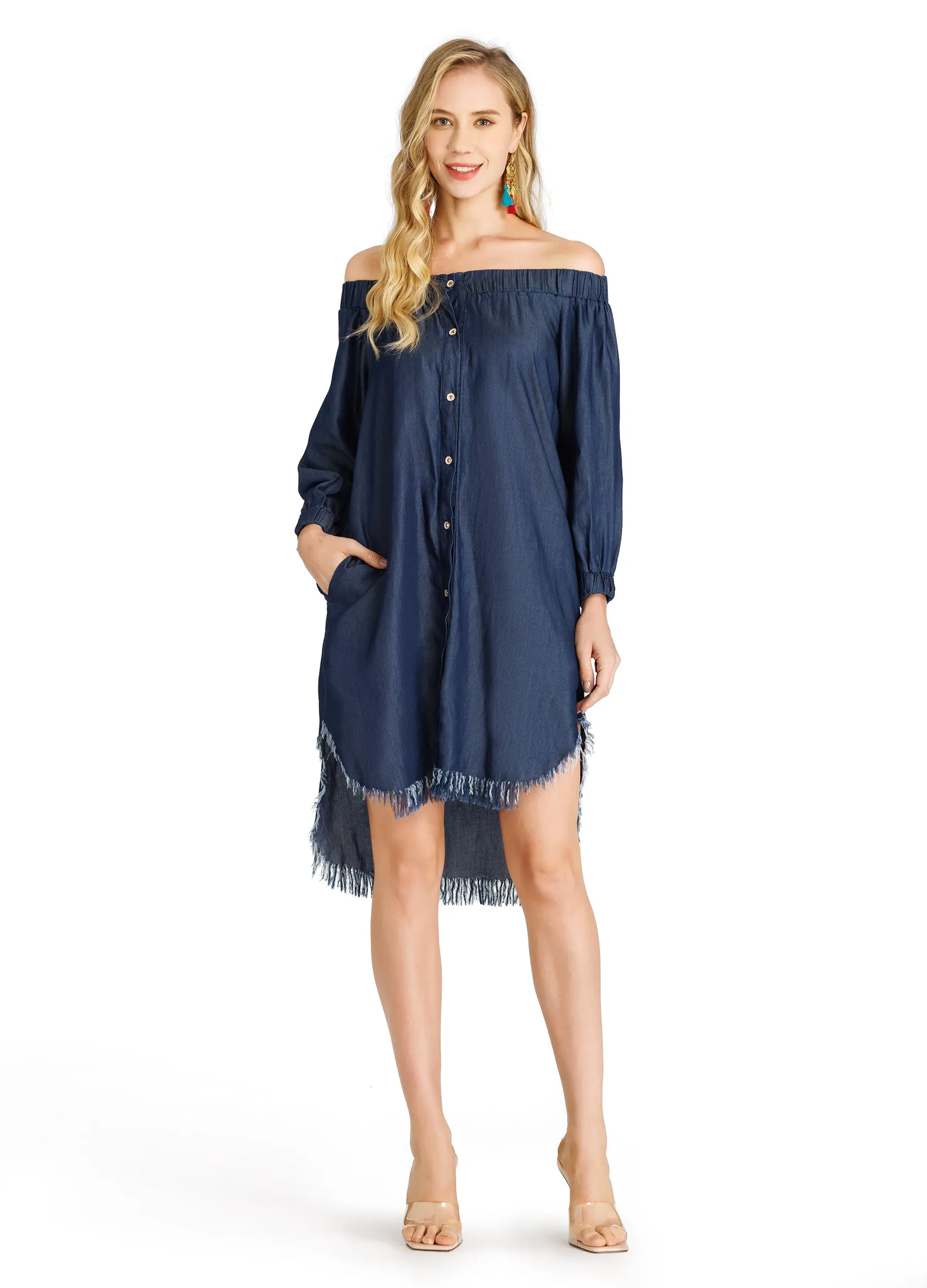 Women's Off Shoulder Raw Hem Denim Dress