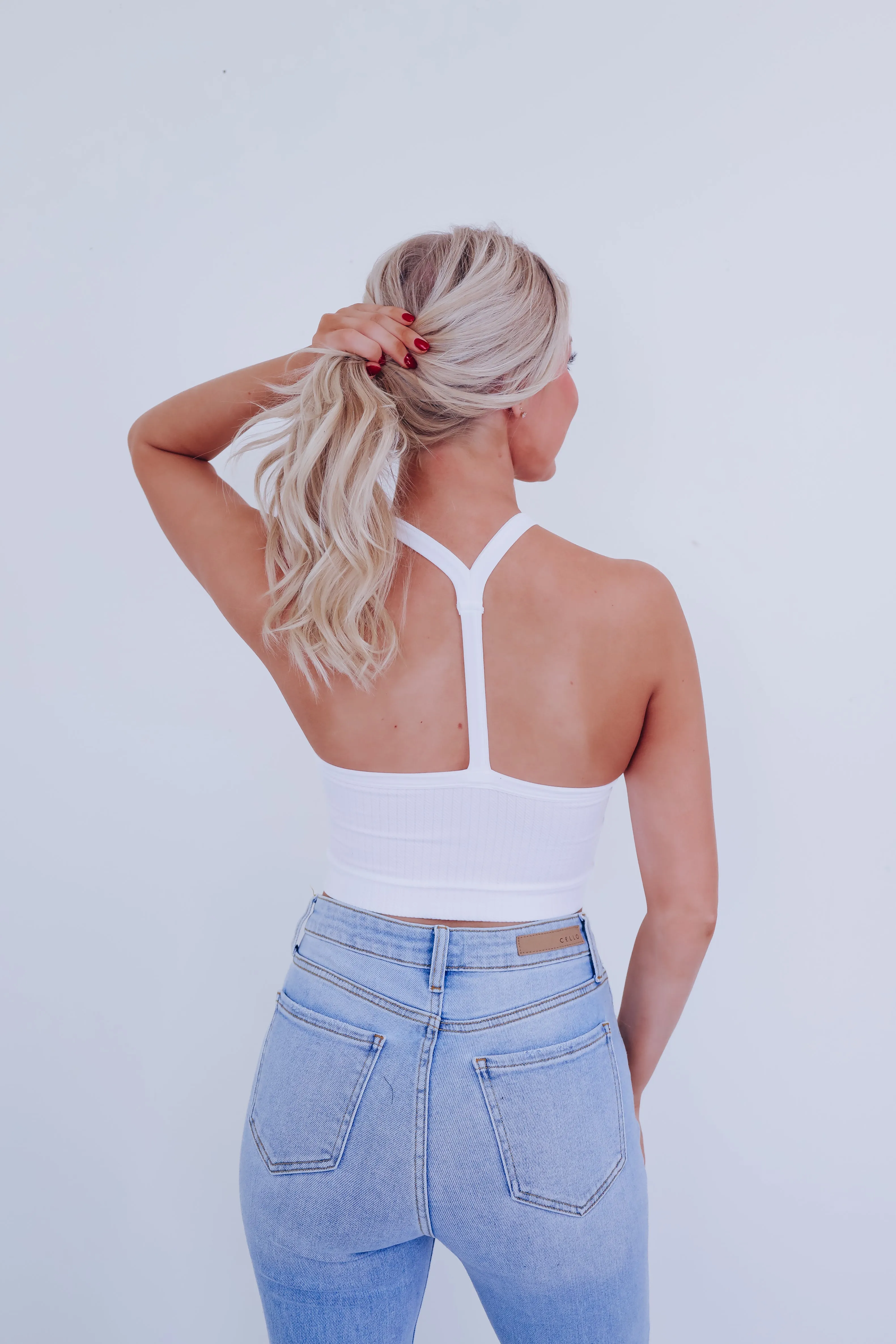 Y Back Halter Neck Crop Top - White